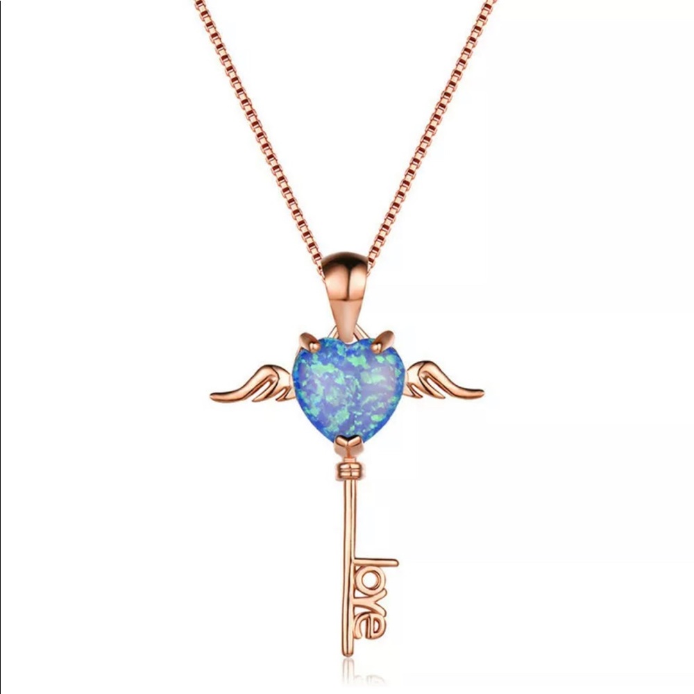 Rose Gold & Blue Fire Opal Love Key Necklace